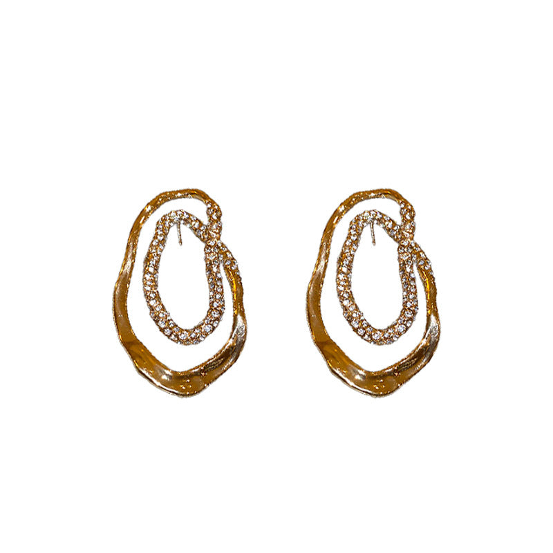 Real gold, silver plated, needle-inlaid diamonds, oval irregular earrings, European and American light luxury temperament, studs, fashion cross-border earrings